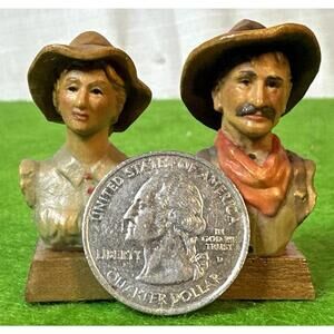 Vintage Anri Woodcarving ED ROHN ~ Miniature Pioneer Man & Woman w/ Display Dome